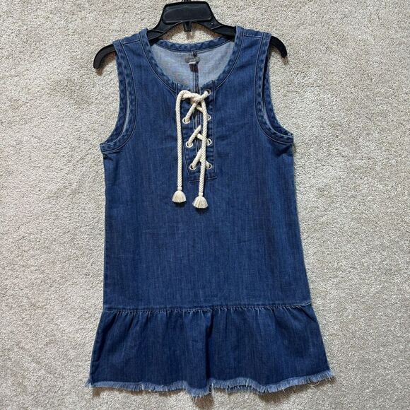 Aerie Chambray Shift Denim Dress Women's‎ Small Blue Lace Up Tassleed Peplum - Picture 2 of 12